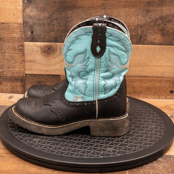 JUSTIN GYPSY WOMENS COWGIRL BOOTS BLACK TEAL LEATHER FARM RANCH COWBOY SIZE 7B - Picture 5 of 9